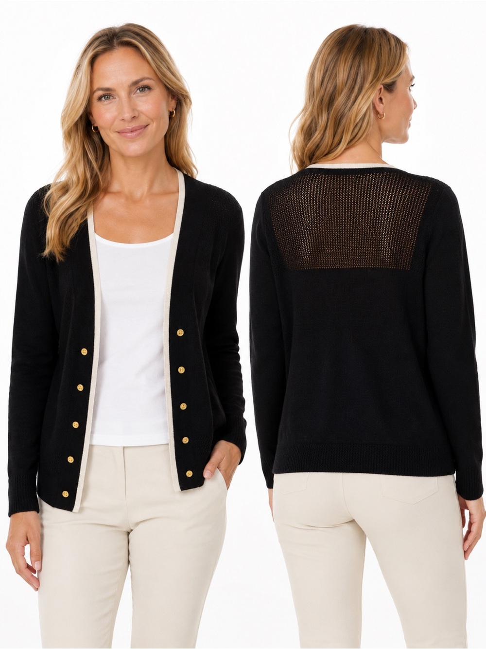 Black Contrast-Trim Button Cardigan Sweater - 0818